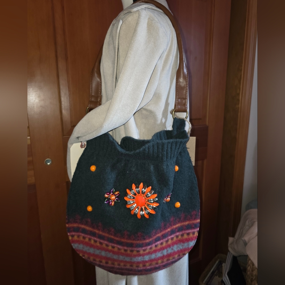 Upcycled Wool Purse Embelished With Vintage Jewels